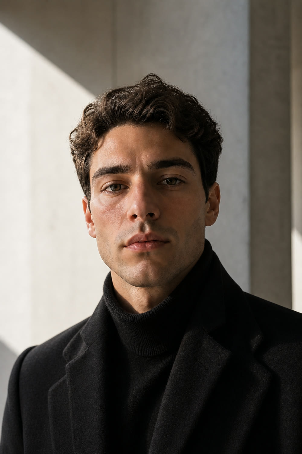 The same man styled in a black turtleneck under a charcoal wool overcoat.