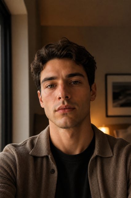 The same sample photo rendered in the date-night look: espresso knit and tailored blazer.